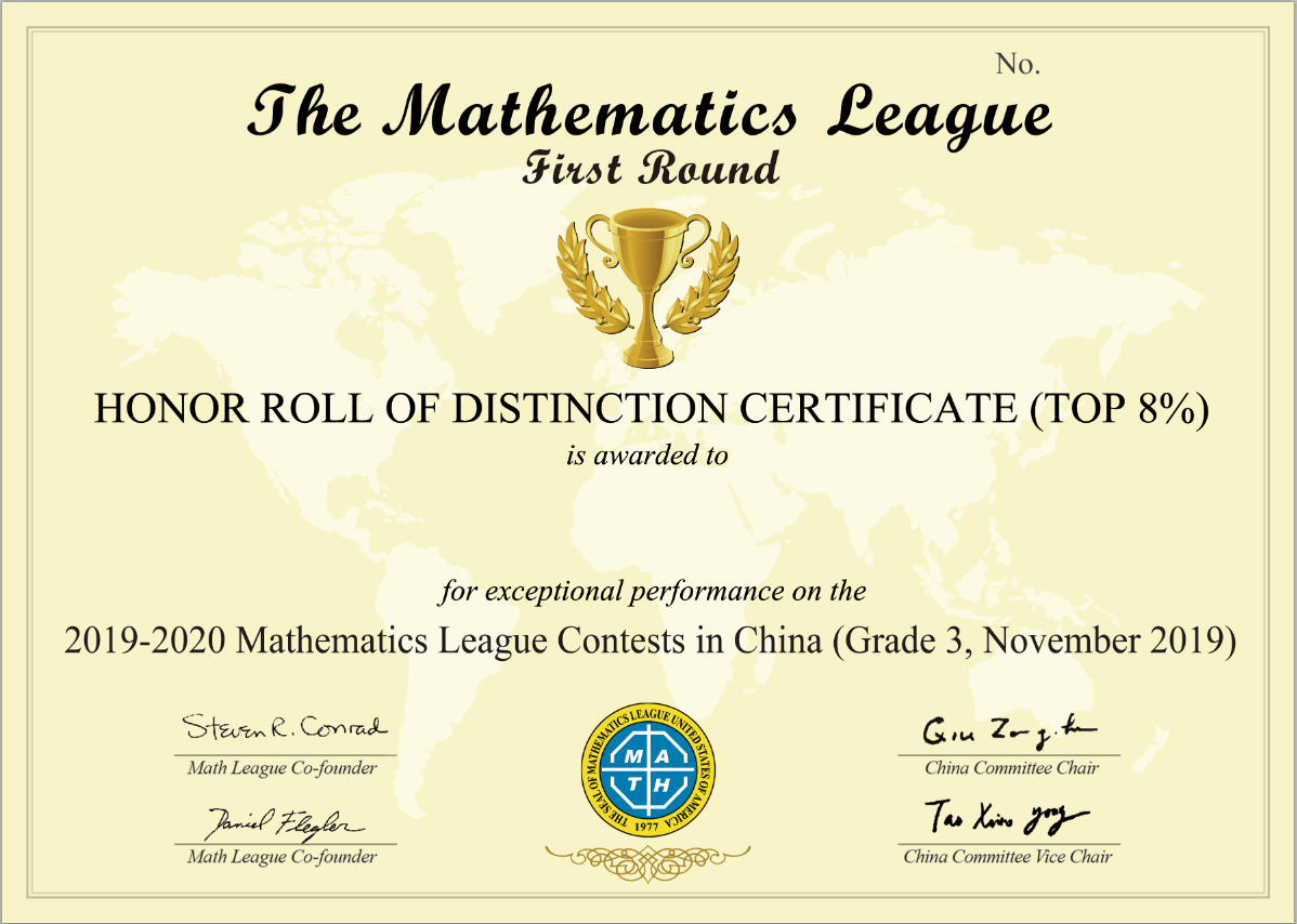 Honor Roll of Distinction Certificate Top 8% 证书